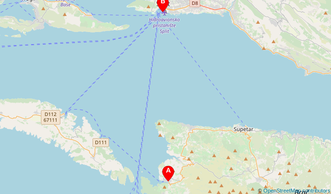 Map of ferry route between Milna (Brac) and Split